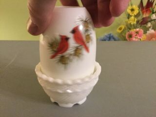 Fenton Glass Fairy Lamp - White Milk Glass With Cardinals - Signed