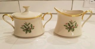 Lenox Dimension Holiday Creamer And Sugar Bowl With Lid Holly Berry