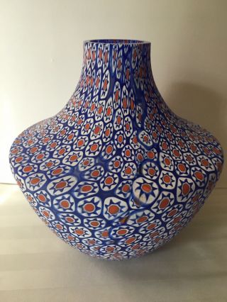 Murano ? Blue Venezia Italy Millifiori Glass Vase 7.  5” Exc