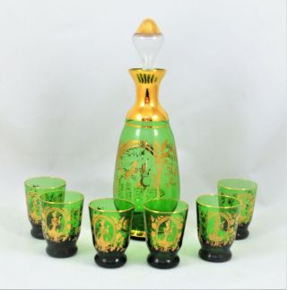 Vintage Signed Italian Glass Emerald Green Gold Decanter And 6 Cordials Set