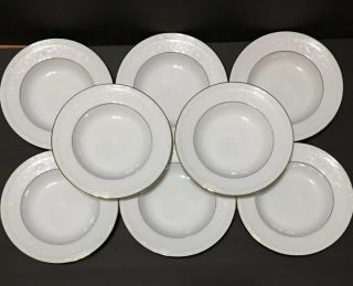 Noritake Whitecliff Set Of 8 Rimmed Soup Bowls White Flowers Gold Trim Pd19