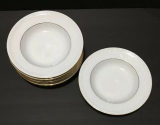 Noritake WHITECLIFF Set of 8 Rimmed Soup Bowls White Flowers Gold Trim PD19 2