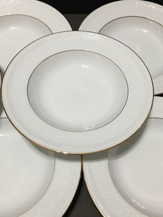 Noritake WHITECLIFF Set of 8 Rimmed Soup Bowls White Flowers Gold Trim PD19 3