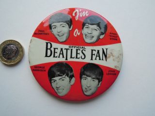 Large Beatles Official Fan Pin Badge - 3.  5 Inches - Nems Ent Ltd 64