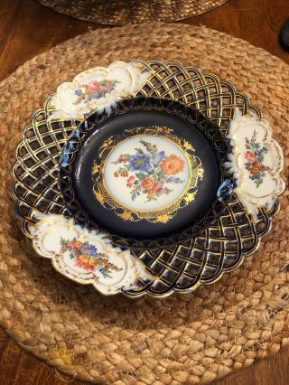 Meissen Germany Painted Floral Charger Plate Cobalt Blue W/ Gold