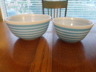 Vintage Pyrex Blue & White Stripe Mixing Bowl Set (2) - 402 & 403.