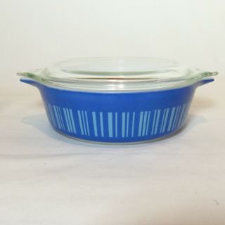 Vintage Pyrex Blue Striped Barcode 471 Casserole Dish Glass Lid 1 Pint Usa
