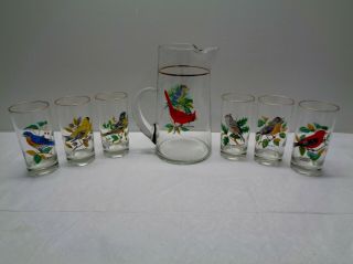 Vintage West Virginia Glass Company Song Birds 10 " Pitcher & 6 Tumbler Glasses