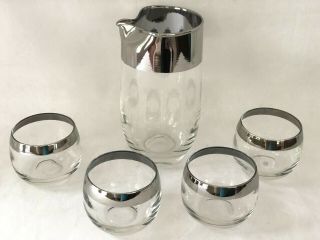 Vtg Dorothy Thorpe Silver Band Pitcher 4 Roly Poly Glasses Mid Century Modern
