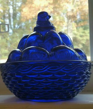 Westmoreland Cobalt Blue Glass Hen Chicken On Egg Pile Basket Weave Nest Summit