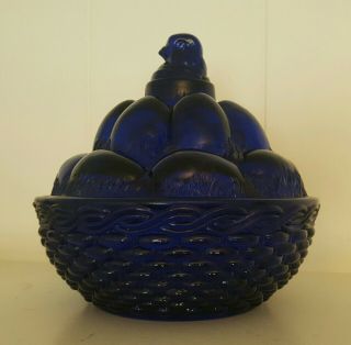 Westmoreland Cobalt Blue Glass Hen Chicken On Egg Pile Basket Weave Nest SUMMIT 8