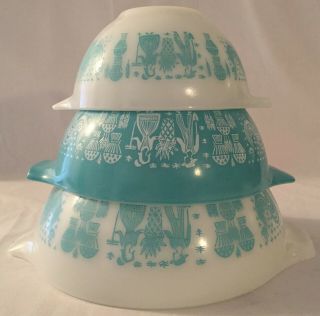 Vintage Pyrex Butterprint/amish Set Of 3 Cinderella Mixing Bowls 441 - 443