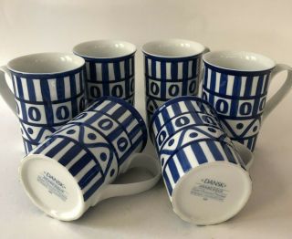Dansk Arabesque 6 Mug Set Blue White Hand Painted Porcelain Coffee Tea