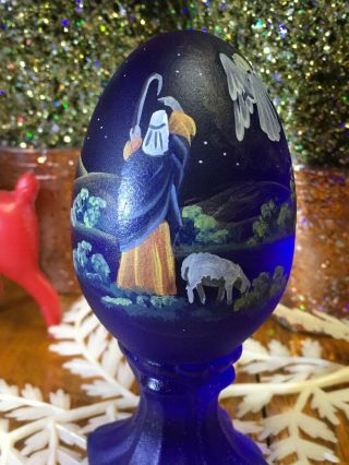 Vtg FENTON Art Glass Hand Painted Pedestal Egg Signed Numbered Blue Christmas 4