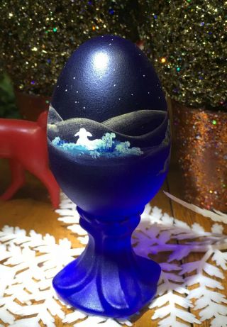 Vtg FENTON Art Glass Hand Painted Pedestal Egg Signed Numbered Blue Christmas 6