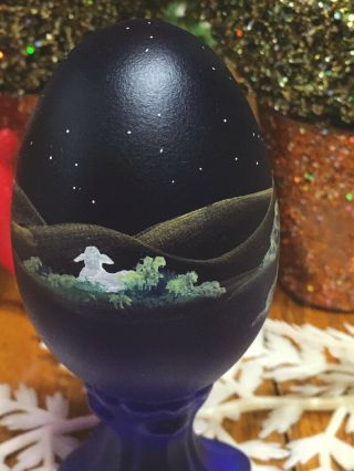 Vtg FENTON Art Glass Hand Painted Pedestal Egg Signed Numbered Blue Christmas 7