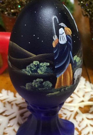Vtg FENTON Art Glass Hand Painted Pedestal Egg Signed Numbered Blue Christmas 8