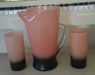 West Virginia Blendo Peach Color Handblown Pitcher And 2 Matching Glasses