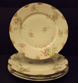 4 Antique Theodore Haviland Limoges Dinner Plates Pink & Blue Roses Gold Daubs