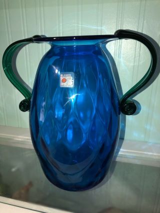 Blenko Handcrafted Large Vase W/ Two Handles 10 " Tall Vintage Blue & Green