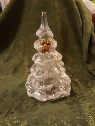 Fenton Art Glass Iridescent Christmas Tree Snow Frost Gold Bow 6 1/2 "