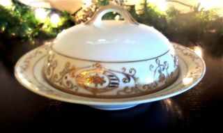 Vintage Noritake 175 Round Covered Butter Dish Gold Flowers Moriage Scrolls