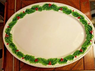 Blue Sky Clayworks Holiday Large Oval Holly Berries & Leaves Serving Platter