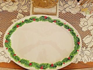 BLUE SKY CLAYWORKS HOLIDAY LARGE OVAL HOLLY BERRIES & LEAVES SERVING PLATTER 8