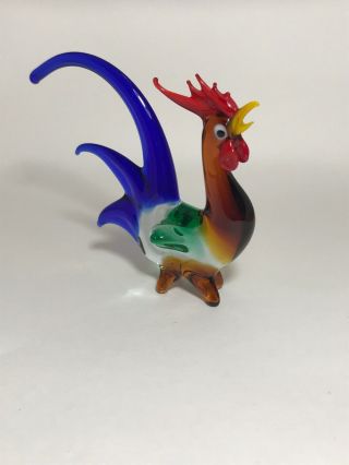 Murano Glass Rooster With 4 Glass Legs 4 1/2 Inch Brown Blue Red Bird Figurine