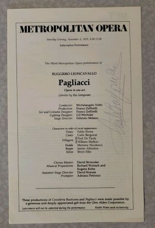 Carlo Bergonzi Rare Signed 1979 Metropolitan Opera Program,  Italian Opera Tenor