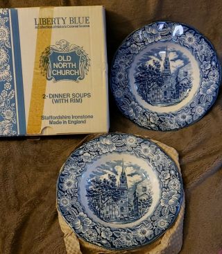 Vintage Liberty Blue 6 Soup Bowls Staffordshire Ironstone Old North Church Box