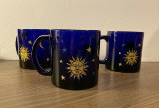 Libbey Celestial Moon And Stars Cobalt Blue Coffee Mug Set Of 3 Pre - Owned