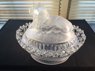 Vintage Imperial Glass Frosted Crystal Lion Covered Candy Dish Atterbury