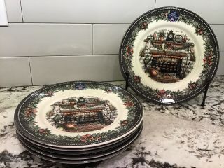 Royal Stafford Christmas Eve Fireplace W/ Stockings Dinner Plates Set Of 6 Nwt