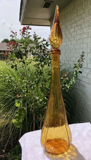 Vintage Amber Italian Glass Empoli Ribbed Genie Bottle Decanter 22”
