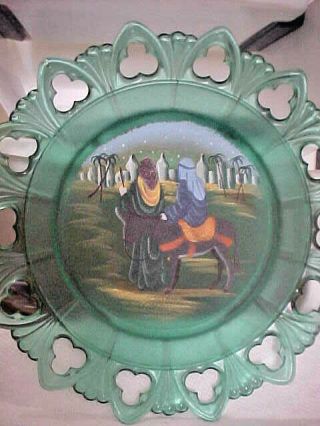 1998 Fenton Hand Painted Signed Green Glass Plate Le Christmas Mary & Joseph