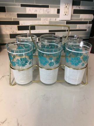 Set Of Six Teal Flowered And White Mid Century Glasses With Candy