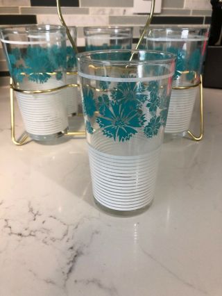 Set Of Six Teal Flowered And White Mid Century Glasses With Candy 2