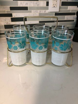 Set Of Six Teal Flowered And White Mid Century Glasses With Candy 3