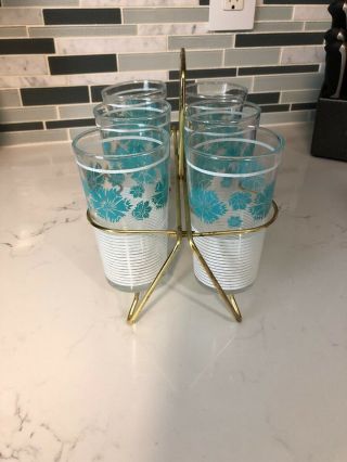 Set Of Six Teal Flowered And White Mid Century Glasses With Candy 4