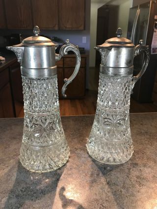 Two Vintage Diamond Glass Silver Plate Wine Sangria Pitchers Water Carafe