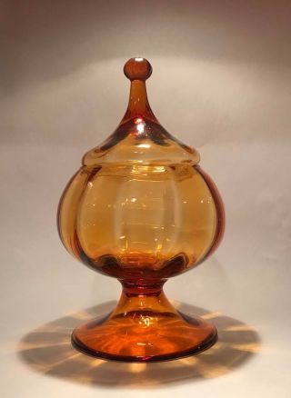 Vintage Empoli Italian Art Glass Circus Tent Candy Jar Mcm Pumpkin Shape