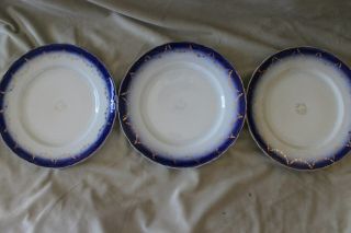 La Francaise Porcelain - - Antique Flow Blue - - 3 Plates 9.  5 " Round - - With Gilt