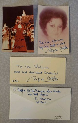Three Regine Crespin Signed Items: Two 4x6 Photos And 3x6 Card,  French Soprano