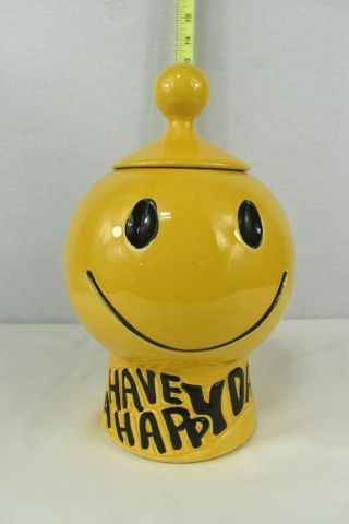 Vintage Mccoy Pottery " Have A Happy Day " Smiley Face Cookie Jar W/ Lid