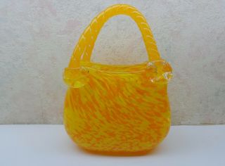 Murano Style Art Glass Hand Blown Yellow Orange Purse Vase Applied Handles Exc