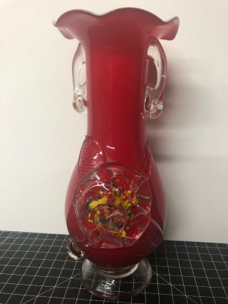 Vintage Red Murano Blown Glass Vase With Ruffeled Top And Attached Glass 10”
