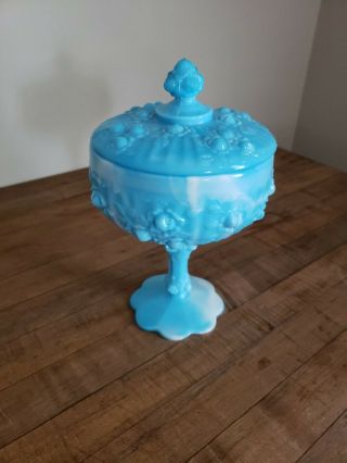 Vintage Fenton Pedestal Candy Dish W Lid Blue White Slag Milk Glass Cabbage Rose