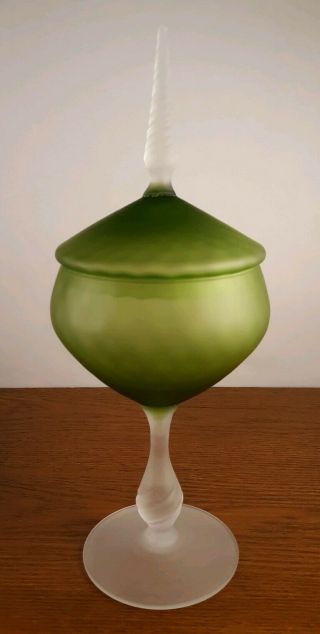 Mid - Century Green Frosted Empoli Candy Dish Apothecary Jar With Lid Art Glass