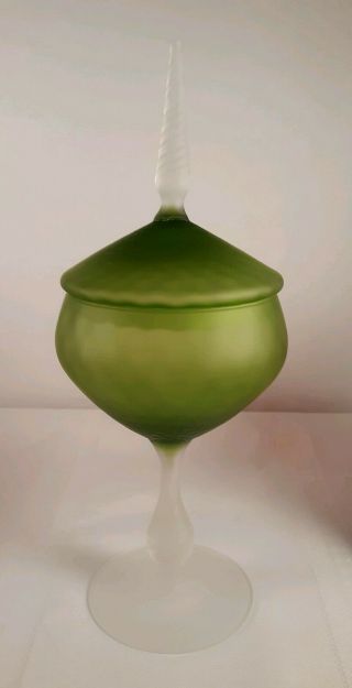 Mid - Century Green Frosted Empoli Candy Dish Apothecary Jar With Lid Art Glass 2